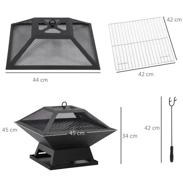 Rootz Fire Pit - Eldskål - Eldkorg - Eldbord - Runt Eldstad - För trädgårdscamping - BBQ - Med Poker Gnistskydd - Stål - Svart - 45 x 45 x 34 cm