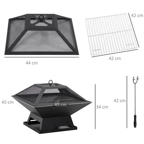 Rootz Fire Pit - Ildskål - Ildkurv - Ildbord - Rundt ildsted - Til havecamping - BBQ - Med Poker Spark Protection - Stål - Sort - 45 x 45 x 34 cm