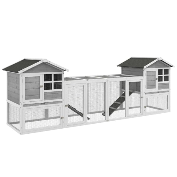 Rootz Small Animal Hutch - Dubbelt huvudhus - Marsvinshår - Bunny Run - Trä Small - Run Box - Utdragbar bricka - Ramp - Grå - 259 x 64 x 92 cm