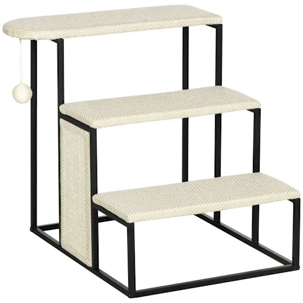 Rootz Kattetrappe - Med skrabebræt - 3 trin - Legetøjskugle - Robust - Stål + Sisal - Cremehvid + Sort - 51 x 54 x 53 cm