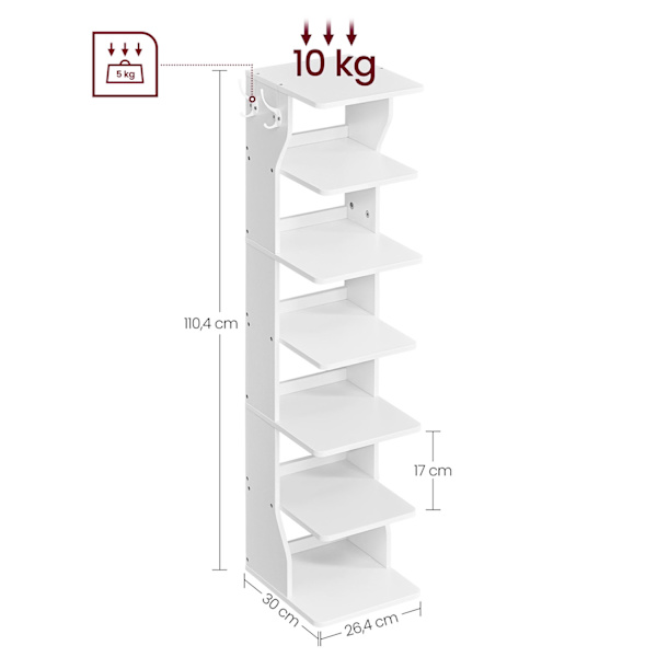 Rootz spånplade skostativ - Hvid skoholder - Opbevaringsstativ - Robust konstruktion - Nem montering - Pladsbesparende - 30 cm x 26,4 cm x 110,4 cm