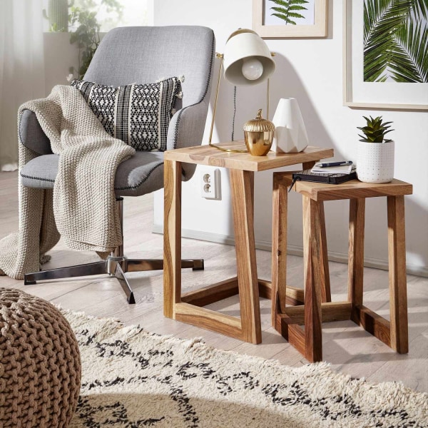 Rootz Set med 2 sidor massivt trä sheesham design loungebord Fyrkantigt sängbord set i lantlig stil