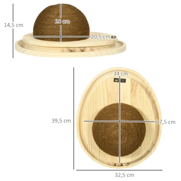 Rootz Interactive Cat Toy - Ridseoverflade - Oval marmorbane - Fyrretræ - Naturlig + Kaffe - 39,5 x 32,5 x 14,5 cm