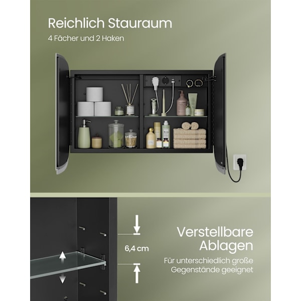 Rootz sort badeværelsesskab - Opbevaringsenhed - Vaskeskab - Metal/Glas/Akryl - Oplyst spejl - 13,5 cm x 80 cm x 59,6 cm
