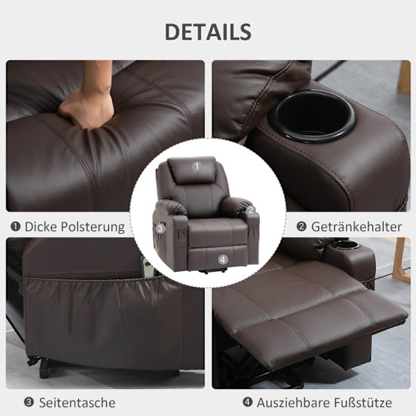 Rootz Electric Riser TV-stol - Massagefåtölj - Ståstöd - Brunt konstläder - 88cm x 99cm x 106cm