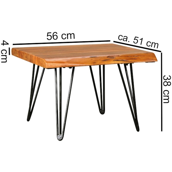 Rootz Design sofabord massivt træbord med trækant 56x38x51 cm - Sheesham træbord med metalben - Stuebord i rustik landstil