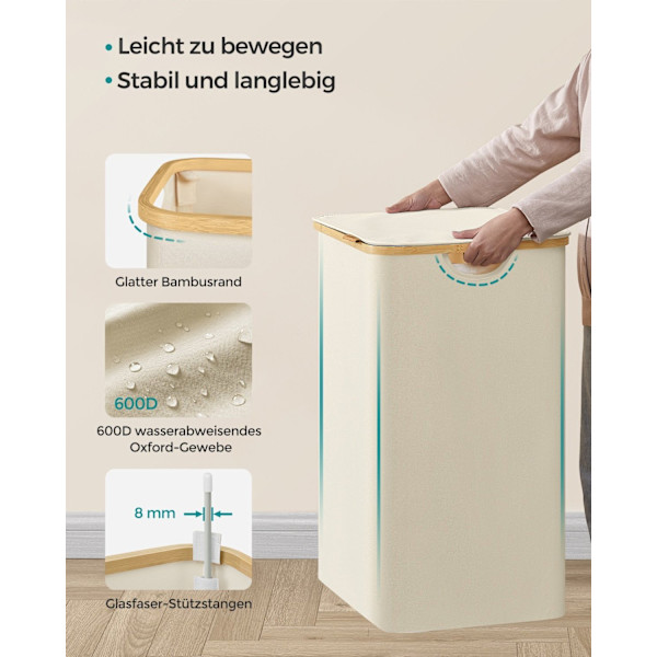 Rootz Portable Cream White Folding Tvättkorg - Korg - Hopfällbar förvaringsfack - 600D Oxford-tyg - Bambu - Glasfiberstänger - Lättvikts - Hållbar - U