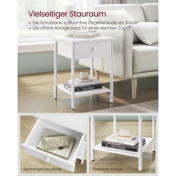 Rootz sæt med 2 mathvide sengeborde - natborde - spånplader og stålkonstruktion - 40 cm x 40 cm x 55 cm - 20 kg overfladekapacitet - 10 kg skuffekapac