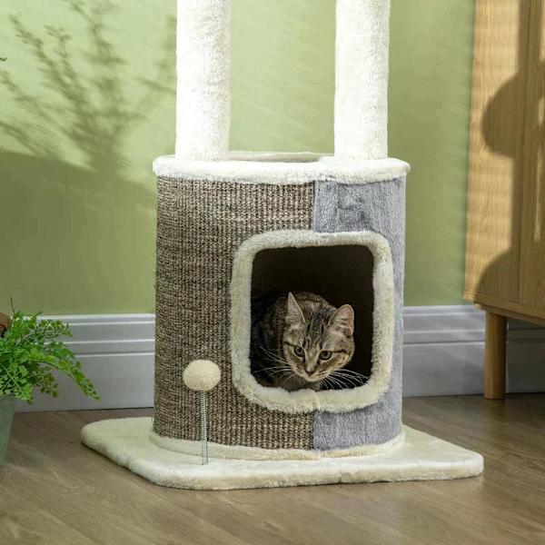 Rootz skrapstolpe - Med kattgrotta - Kattträd - Två plattformar - Två skrapstolpar - Plyschöverdrag - Krämvit - 48 x 48 x 110 cm