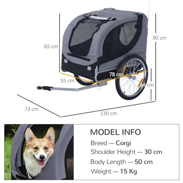 Rootz Cykelsläp för husdjur - Cykelsläp - Hundsläp - Fällbar - Universaldrag - Släp - Stål/Polyester - Grå/Svart - 130 X 73 X 90cm