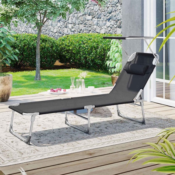 Rootz Sun Lounger - Black Metal Beach Chair - Foldbar Chaiselong - Syntetisk fiberstof - 53 cm x 193 cm x 29,5 cm - Let og holdbar - Max belastningska