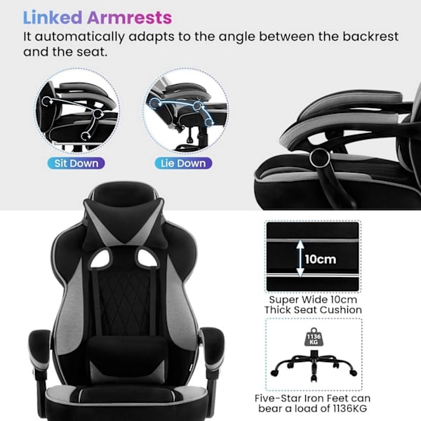 Rootz Ultimate Gaming Chair - Kontorstol - Ergonomisk stol - Pocket Spring Pude - Åndbar Mesh - Justerbar komfort - 120-127,5 cm x 57 cm x 51,5 cm