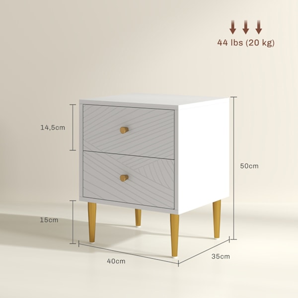 Rootz Rom Bedside Table - Natbord - Sidebord - Elegant opbevaring - 40 x 35 x 50 cm - Hvide - Stålben