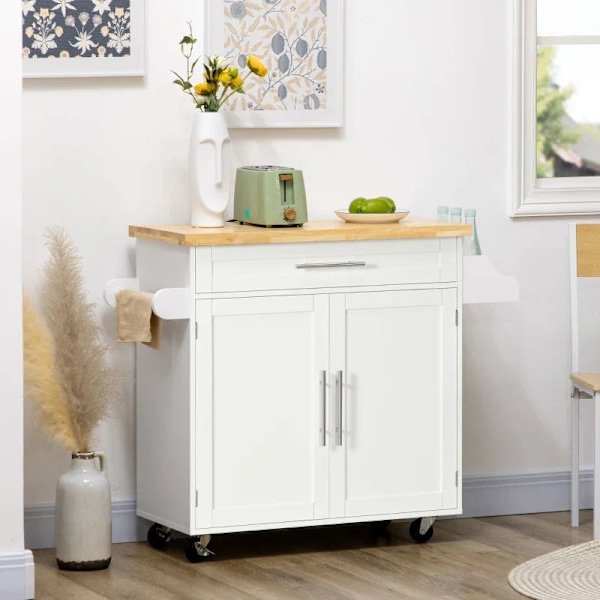 Rootz Köksvagn - Serveringsvagn - Köksö - 1 kryddställ - 1 handdukshållare - Justerbar i höjdled - Gummiträ - Vit - 109L x 40W x 89H cm