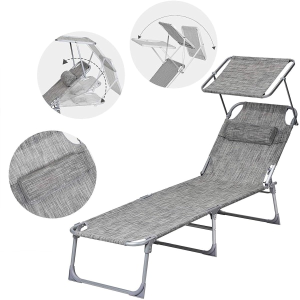 Rootz Solstol - Nackstöd - Soltak - Solskydd - Ryggstöd Justerbart - Fällbart - Grå - Aluminium - 55 x 193 x 31 cm