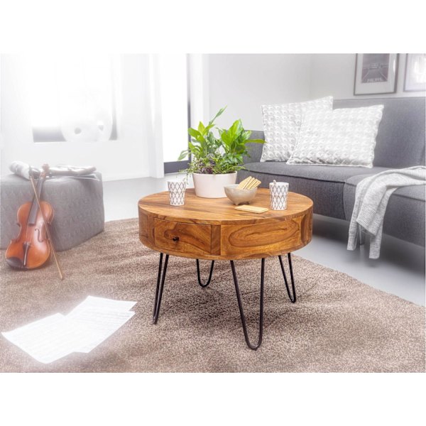 Rootz bord Sheesham massivt trä - metall 60x44,5x60 cm bord vardagsrum - Design sidobord med lådor Litet soffbord runt brunt