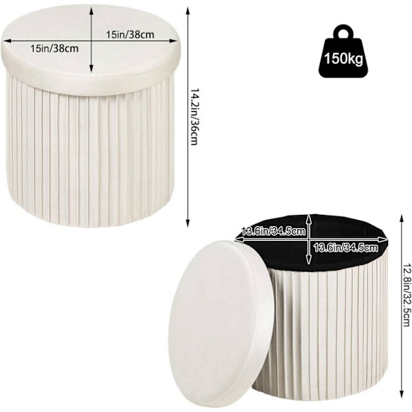 Rootz Opbevaringsskammel - Osmannisk - Fodskammel - Blød og Robust - 38 cm x 36 cm - Cremefarvet/Lysegrå - 30 L Kapacitet - E1 MDF-ramme - Fløjlsbetræ