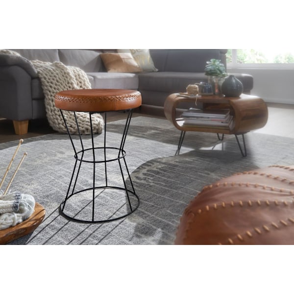 Rootz skammel ægte læder - metal 35 x 48 x 35 cm design skammel rund - Dekorativ skammel med læderbetræk Moderne læder skammel betrukket med brunt