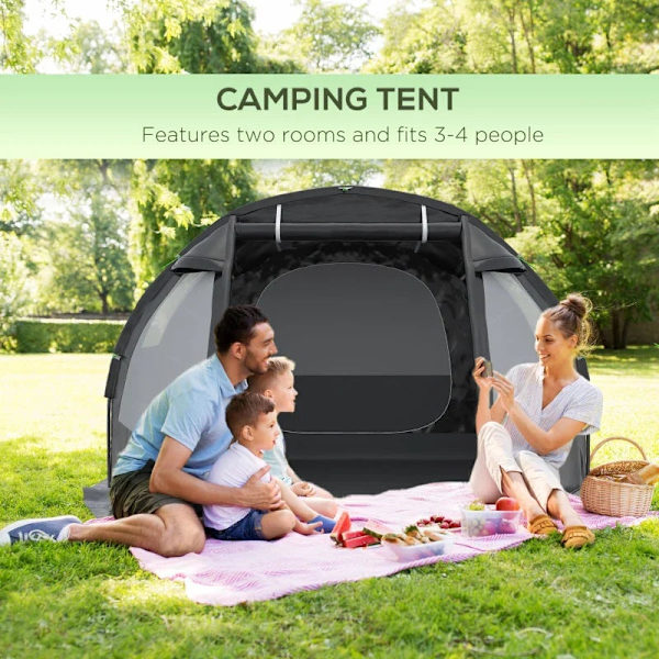 Rootz Campingtält - Väderbeständig - Trekkingstält - 2 rum - Bärbar resväska - UV 30+ Solskydd - Taft 100 % polyester-glasfiber - Svart - 475L x 264W