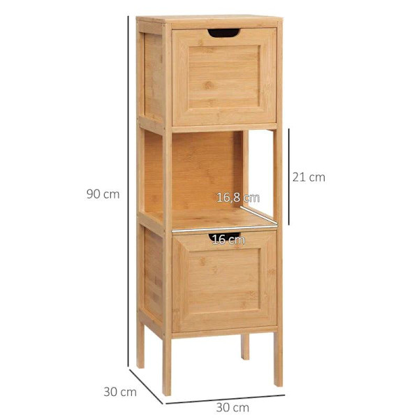 Rootz Badeværelsesskab - Bambus Badeværelsesskab - Badeværelseshylde - Badeværelses opbevaringsskab - 1 hylde 2 skuffer - Bambus - Natur - 30cm x 30cm