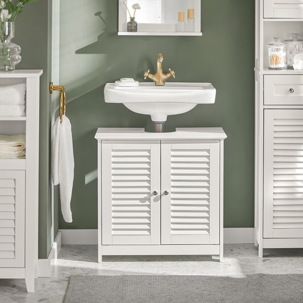Rootz White Badeværelsesvask underskab - Opbevaringsskab - Lameldør Design - Skimmelforebyggelse - Luftgennemtrængelig - Dekorativ - 60cm x 58cm x 34c