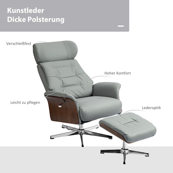 Rootz Relaxationsstol med avföring - Reclining Chair - Swivel TV -stol - 135 ° Tiltfunktion - 80W x 84d x 108h cm - Grå
