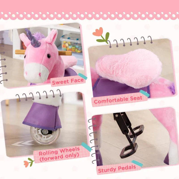 Rootz Kids Gyngehest - Gyngehest - Ride-on Unicorn til børn - Med to hjul - Stål/Poppeltræ/PU - Pink - 70 cm x 32 cm x 87 cm