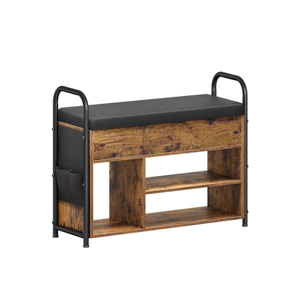 Rootz Shoe Bench - Vintage Brown - Blæk sort - Entryway Organizer - 30 cm x 80,6 cm x 62,5 cm - Spånplade, stål, PU - Max belastning 91 kg