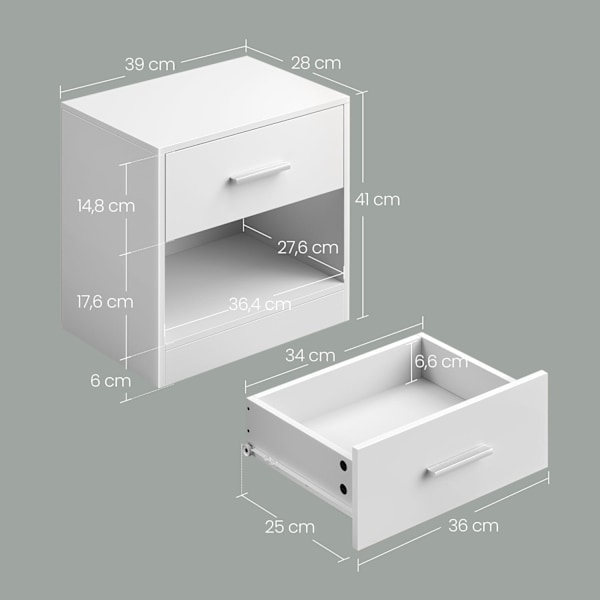 Rootz Bedside Table - Side Bord - Natbord - Med skuffe til ekstra opbevaring - Hvid - 28 cm x 39 cm x 41 cm