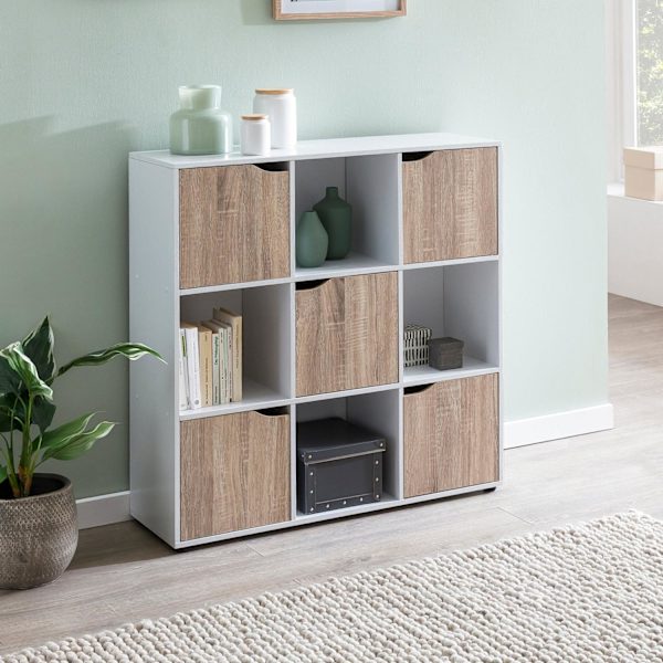 Rootz SAMO 89 x 91 x 29 cm Reol med 9 rum Sonoma - Standhylde med 5 låger - Moderne terninghylde rumdeler - Halskab åbent - Cuberegal kommode opholdsh