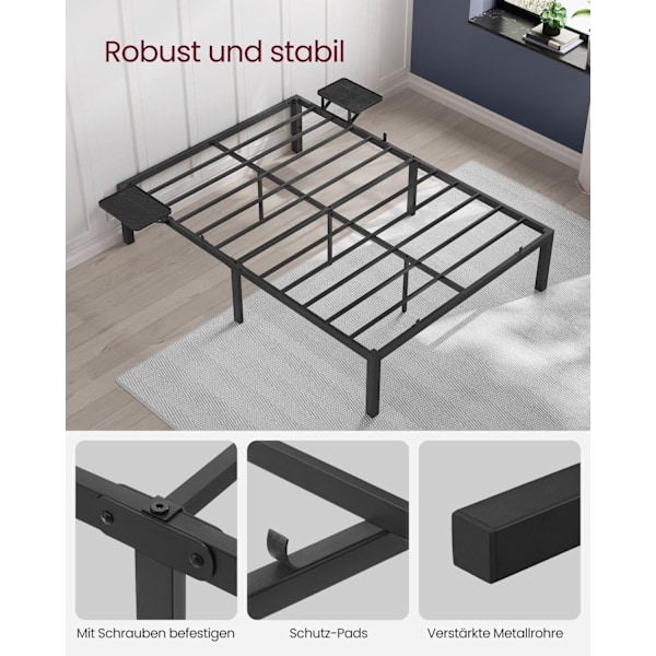 Rootz Classic Black Sengeramme - Metalstel - Pulverlakeret - Stor dobbeltseng - 200 cm x 140 cm x 41,3 cm - Heavy-Duty - Støttebjælker - 454 kg Vægtka