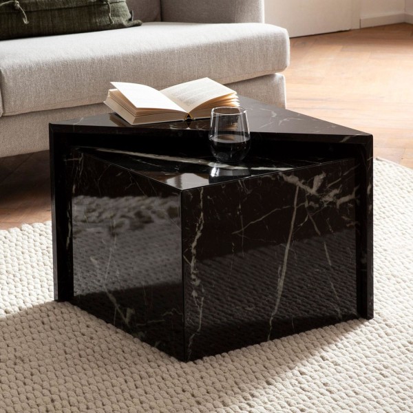 Rootz sofabordssæt med 2 - Monobloc borde - Sort højglans marmorlook - Elegant & pladsbesparende design - 50 cm x 50 cm x 41,5 cm & 46 cm x 46 cm x 36