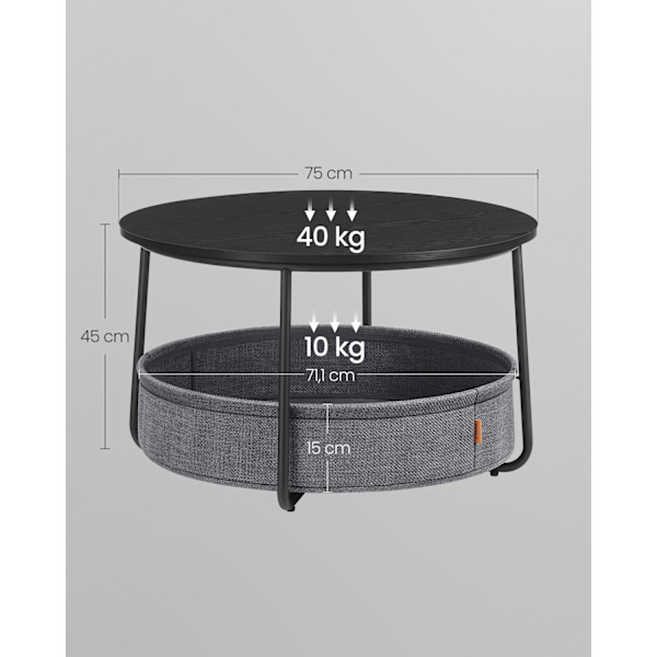 Rootz sidobordsset - Ändbord - Tygförvaringskorg - Spånskiva och stål - Max 40kg Kapacitet - 75cm x 45cm - Svart/Grå
