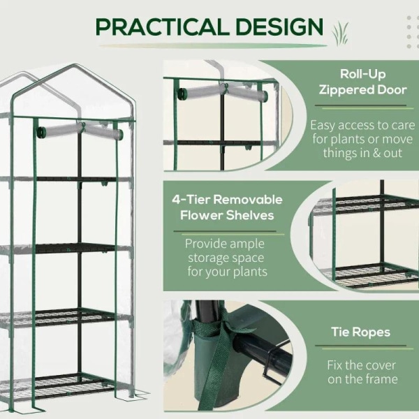 Rootz Greenhouse - Kannettava 4-kerroksinen minikasvihuone - Plant Grow House -vaja kirkkaalla kannella - Tomaattitalo - Kylmärunko - Vihreä - 70 x 50