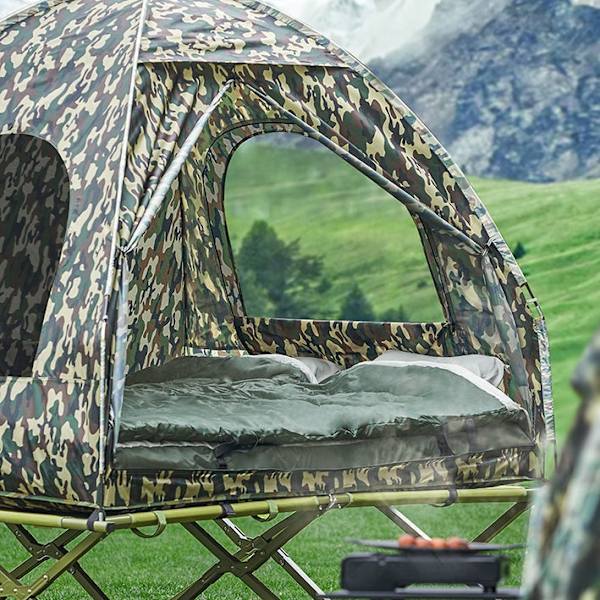 Rootz 4-i-1 campingtältpaket för 2 personer - popup-tält - tältsäng med solstol - slitstark oxfordnylon - vattentät - enkel montering - 193 cm x 188 c