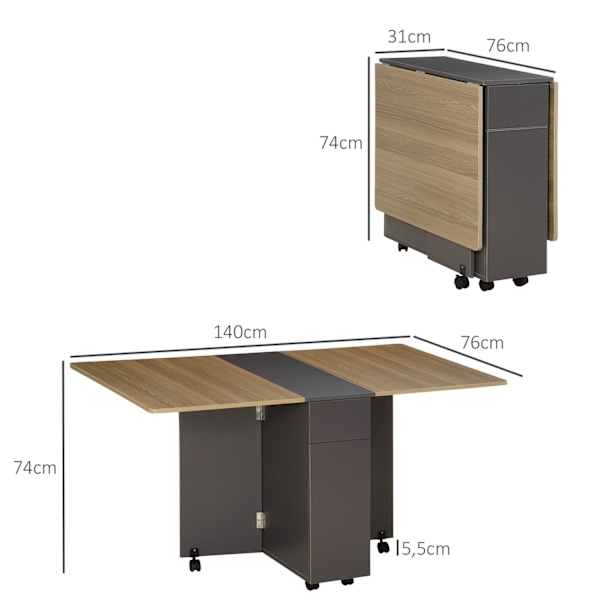 Rootzin taitollinen ruokapöytä - tilaa säästävä pöytä - kannettava ruokapöytä - integroitu tallennustila - 76 cm x 140cm x 74 cm