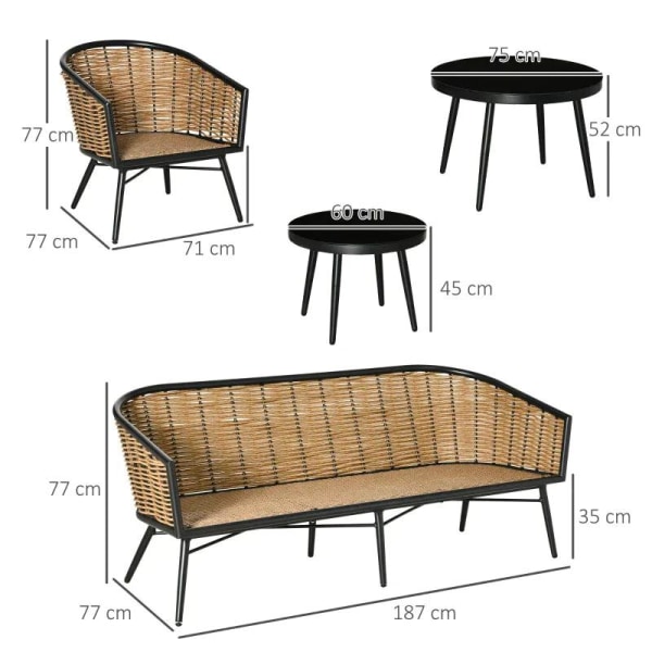 Rootz Soffset - Rattan Look 5 delar soffset - Möbelset - Modernt soffset - Med två sidobord - Grå/Naturlig/Svart