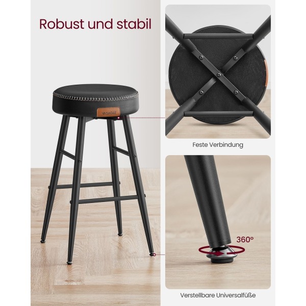 Rootz 2-delt sæt barstole - Køkkenstole - Stole i kontrahøjde - Stålstel - Højelastisk skum - PU syntetisk læder - Krydsfiner - Basic Black - 49,5 cm