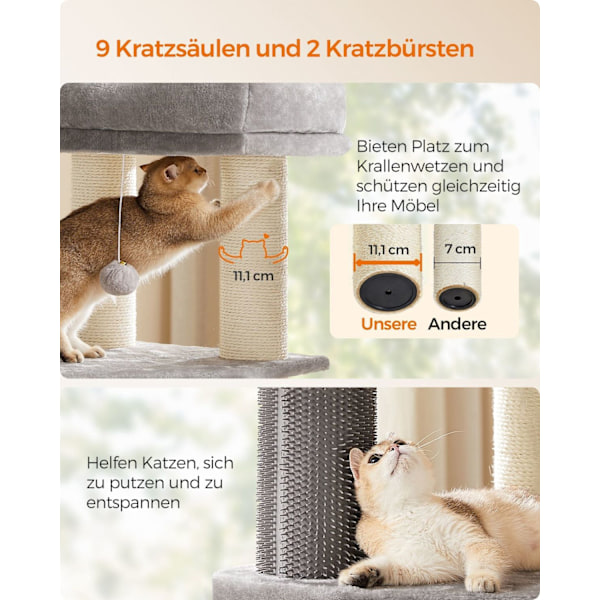Rootz Cat Skrapstolpe - Kattträd - Kattklätterställning - Spånskivakonstruktion - Plyschöverdrag - Sisalrep - 50cm x 50cm x 160cm - Dove Grey-Cream Wh