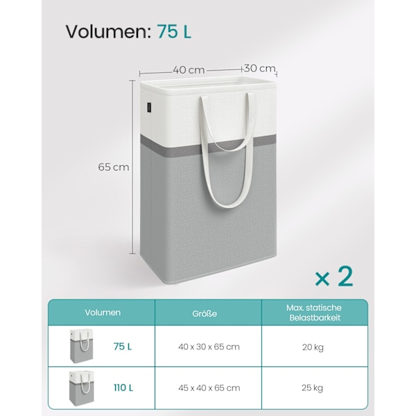 Rootz 2 Pack pyykkipussisarja - Harmaa Hampuri - Monikäyttöinen säilytystila - Kevyt - 40cm x 30cm x 65cm