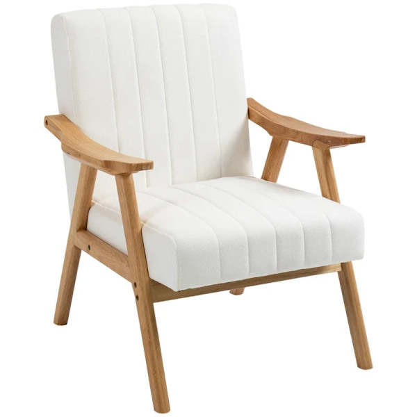 Rootz polstret lænestol - i scandi-design - fløjlslook - stel af massivt træ - gummitræ - naturlig + creme - 68 x 74 x 82 cm
