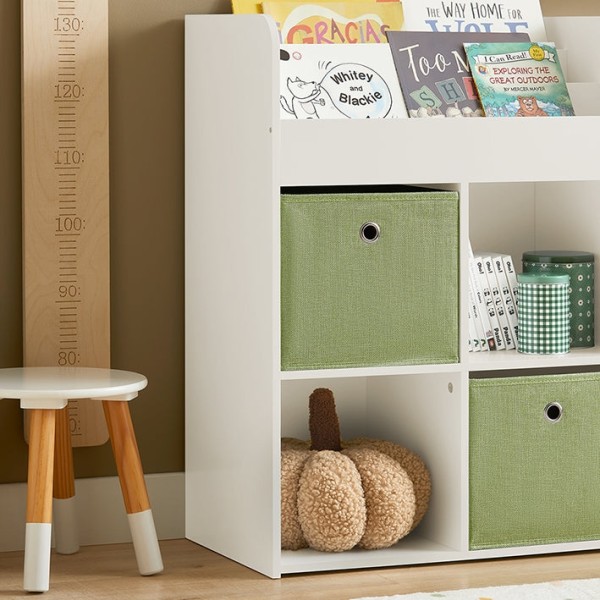 Rootz børnebogreol med 2 stofæsker - Legetøjshylde - Opbevaringsstativ - MDF-konstruktion - Væg sikker vippelås - Pladsbesparende design - 60 cm x 36
