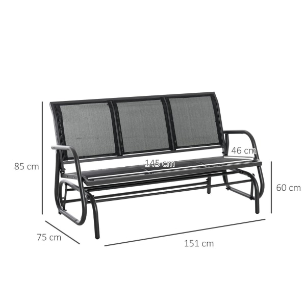 Rootz Swing Penkki - 3-paikkainen puutarhapenkki - Puiston penkki - Metalli - Musta - 151 x 75 x 85 cm