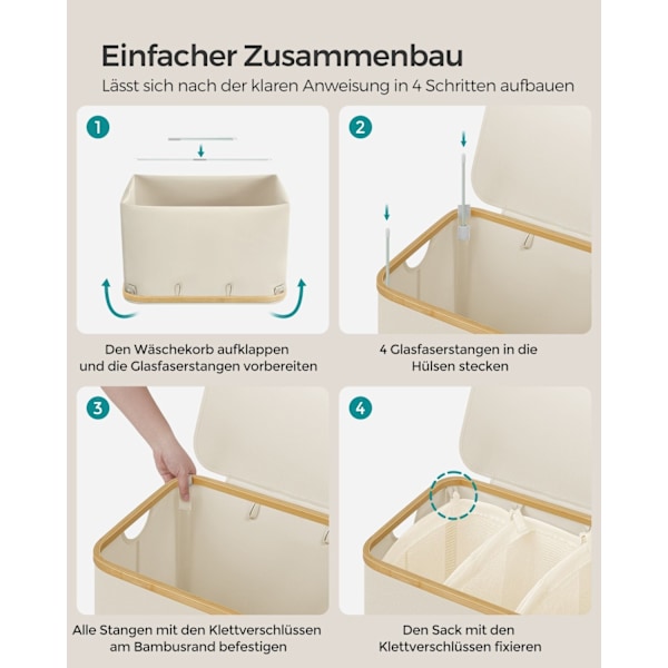 Rootz Portable Cream White Folding Tvättkorg - Korg - Hopfällbar förvaringsfack - 600D Oxford-tyg - Bambu - Glasfiberstänger - Lättvikts - Hållbar - U