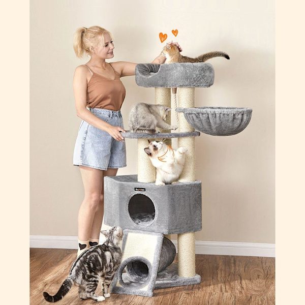 Rootz Cat Tree - Kradsestolpe med tunnel - Ridsestolpe med kattekasseskab - Katteklatretræ - Katteaktivitetstræ - Kattelegetræ - Moderne kattetræ - Ka