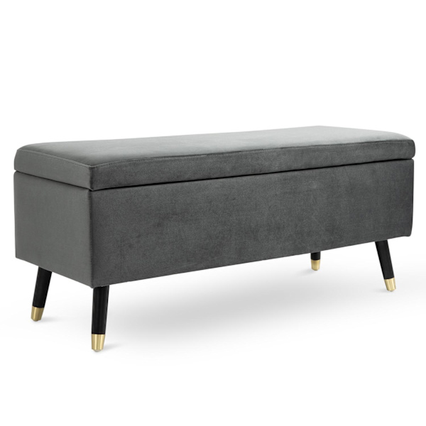 Rootz Hocker - Taburet - Skobænk - Opbevaringsboks - Gummitræ - Antracit - Grå - Stof - 110 x 43 x 45 cm
