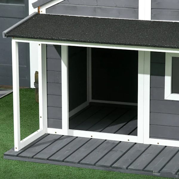 Rootz Dog House - Utomhus hundkennel med veranda - Väderbeständig - Gran Wood - Grå + Vit - 124cm x 112cm x 105cm