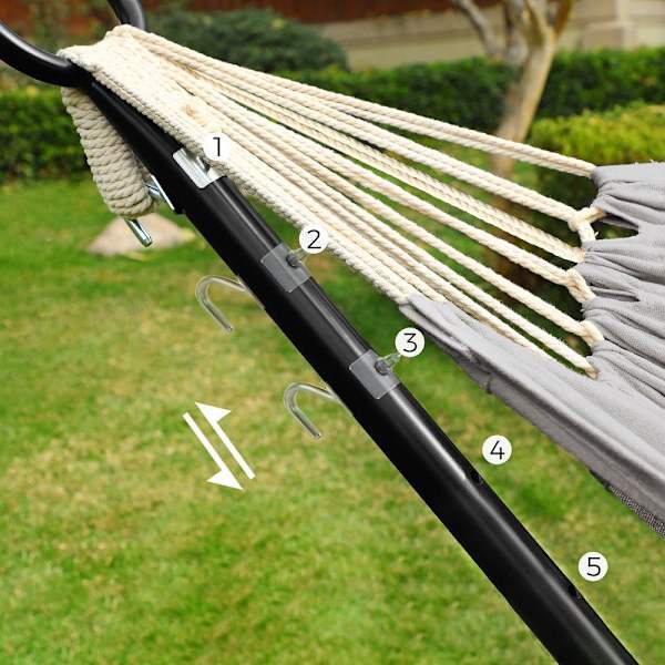 Rootz Hammock Jalusta - Riippumatto jalustalla - Korkeussäädettävä riippumatto - Riippukeinu - Musta runko/harmaa riippumatto - 300 x 90 x 95 cm