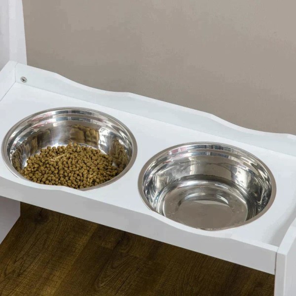 Rootz Foderstation - Skålstativ - Hundefoderstation - 2 fodringsskåle - Til store hunde - Rustfrit stål/MDF - Hvid - 63 x 30 x 24cm