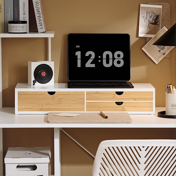 Rootz Monitor Stand Riser - Screen Elevation - Desk Organizer - Space Saving - 3 Drawers - MDF & Bamboo - 60x11x22CM